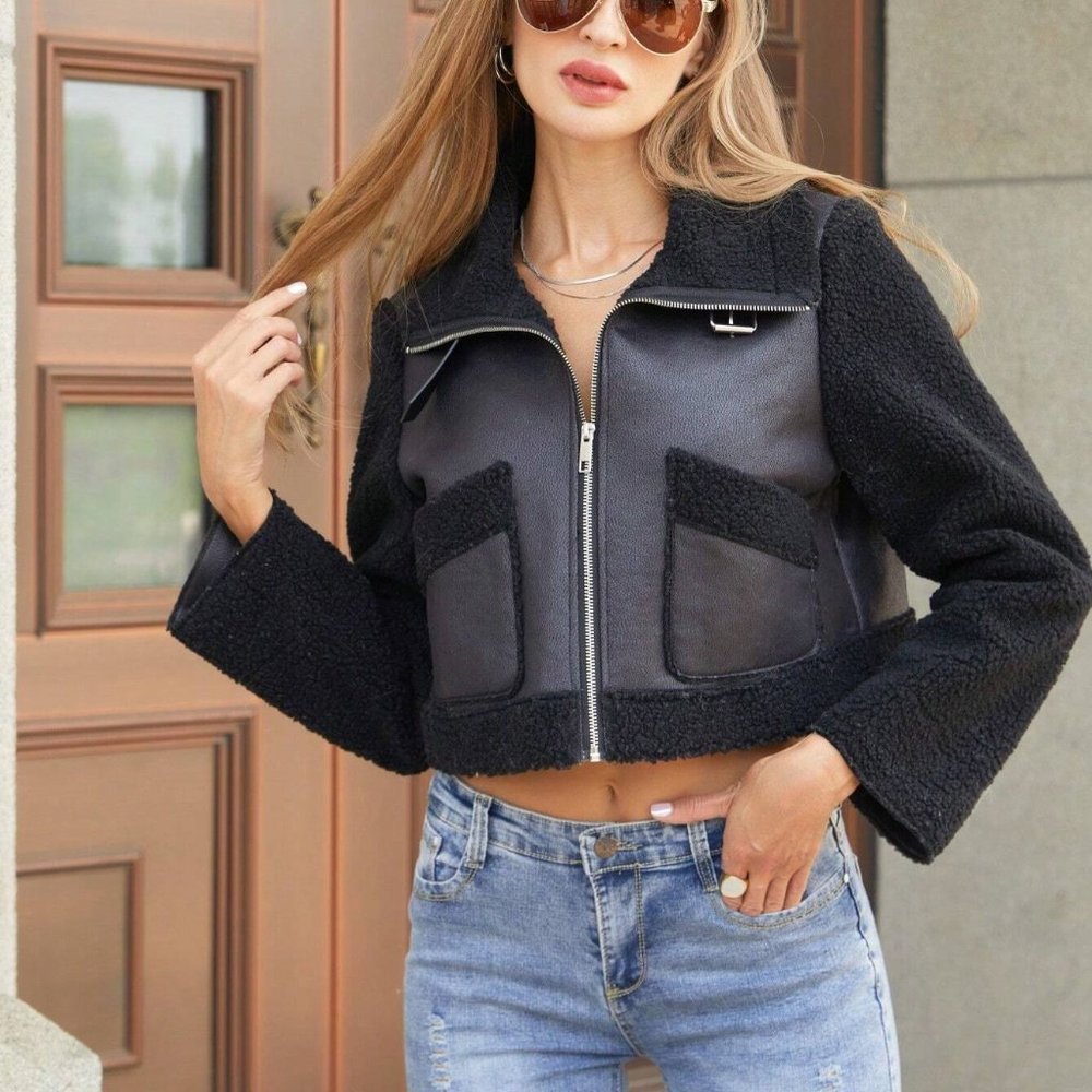 Black Boho Womens Zip Up Teddy Panel Crop Jacket - Picture 4 of 5